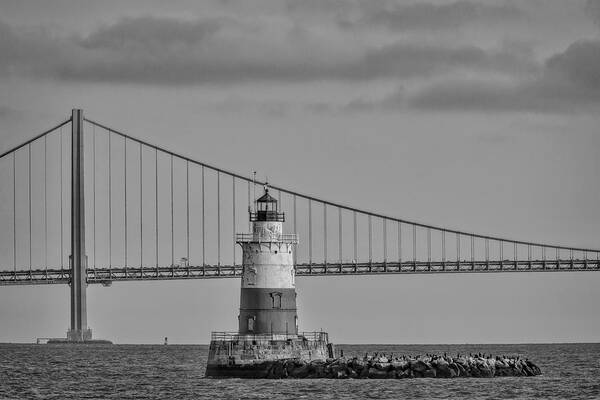 Robbins Reef Light Art Print featuring the photograph Robbins Reef Light BW by Susan Candelario