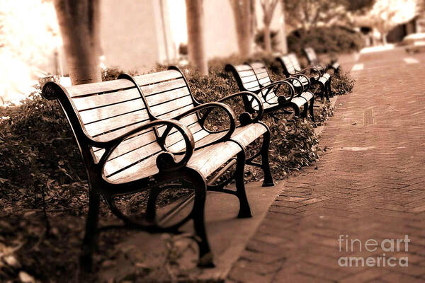 Dreamy Park Benches Art Print featuring the photograph Romantic Surreal Park Bench Pink Sepia Tones by Kathy Fornal