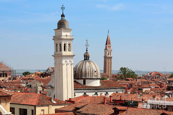 Rooftops Art Print featuring the photograph Rooftops and bell towers of Castello in Venice Italy by Louise Heusinkveld