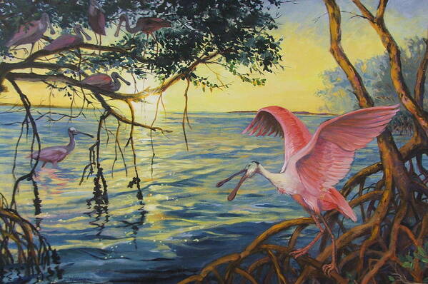 Acrylic Painting Art Print featuring the painting Roseate Spoonbills Among The Mangroves by Dianna Willman