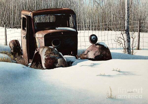 Abandoned Car Art Print featuring the painting Rusty in Alberta by Robert Hinves