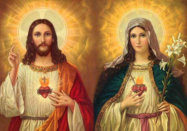 Sacred Heart Of Mary Art Print featuring the painting Sacred Heart of Mary and Jesus by Magdalena Walulik