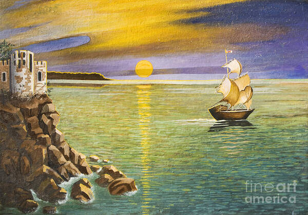 Picture Art Print featuring the painting Sailing ship and castle by Irina Afonskaya