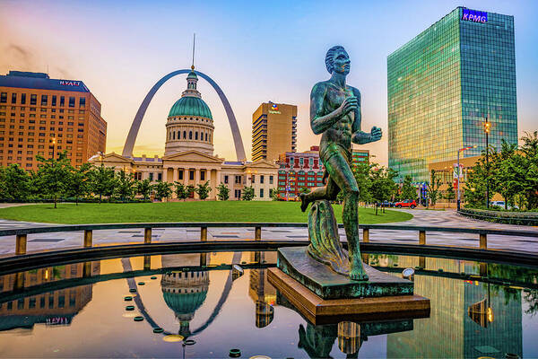 America Art Print featuring the photograph Saint Louis Runner Statue and Gateway Arch by Gregory Ballos