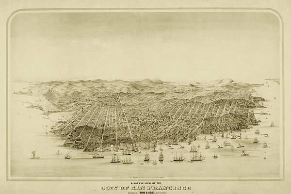 San Art Print featuring the digital art San Francisco Bird's Eye View Historical Map Sepia by Toby McGuire