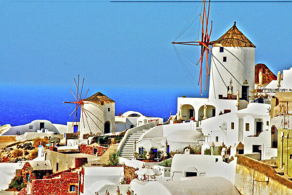 Windmills Art Print featuring the photograph Santorini, Greece - Windmills by Richard Krebs