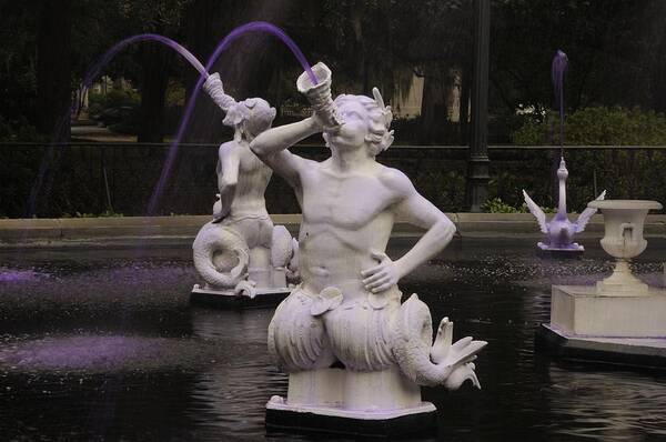 Satyr Art Print featuring the photograph Satyrs spout Purple Water at Forsyth Fountain by Bradford Martin