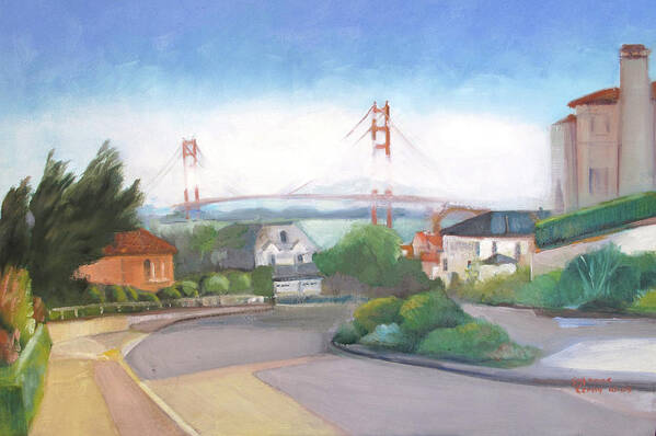 Golden Gate Bridge Art Print featuring the painting Seacliff Vision with Golden Gate Bridge in Fog by Suzanne Giuriati Cerny