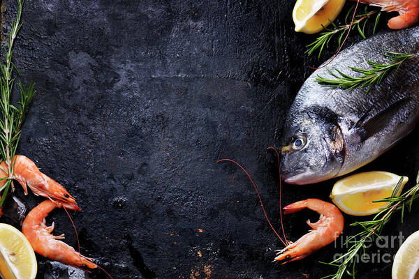 Seafood Art Print featuring the photograph Seafood on black background by Jelena Jovanovic
