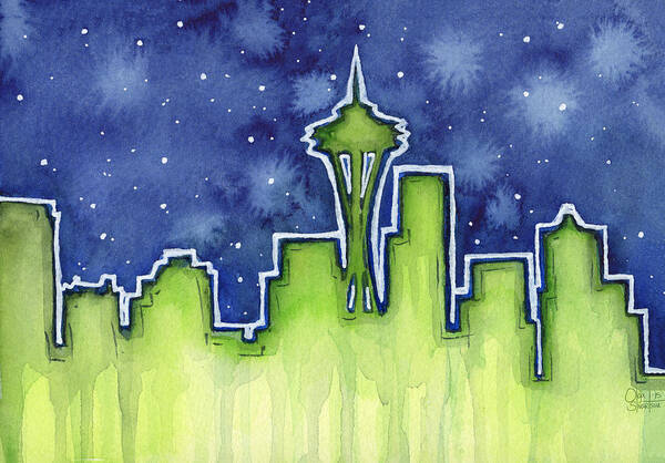 Watercolor Art Print featuring the painting Seattle Night Sky Watercolor by Olga Shvartsur