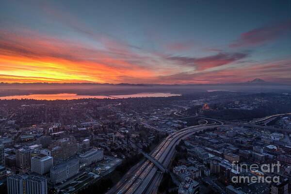 Seattle Art Print featuring the photograph Seattle Sunrise from the Columbia Center by Mike Reid