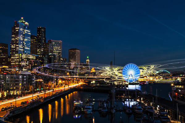 Long Art Print featuring the digital art Seattle Waterfront Cosmic Rays by Pelo Blanco Photo