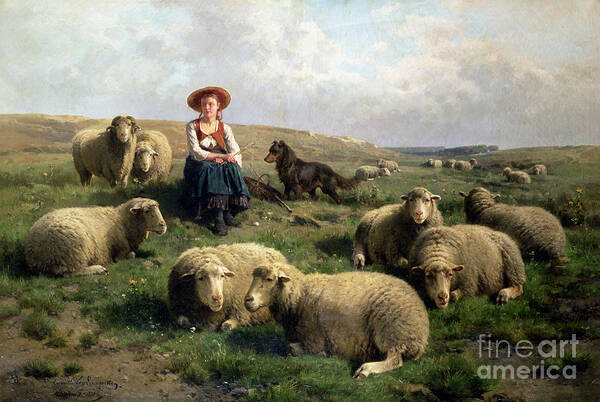 Shepherdess With Sheep In A Landscape By C. Leemputten (1841-1902) And Gerard Art Print featuring the painting Shepherdess with Sheep in a Landscape by C Leemputten and T Gerard