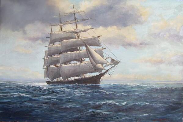 Square Rigger Art Print featuring the painting Ship Coming out of Morning Fog by Perry's Fine Art
