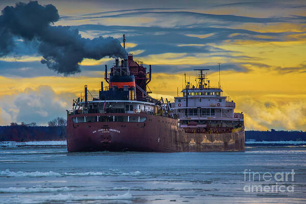 Ship Art Print featuring the photograph Ship Hon. James L. Oberstar Winter Sunrise -6878 Great Lake Freighters by Norris Seward
