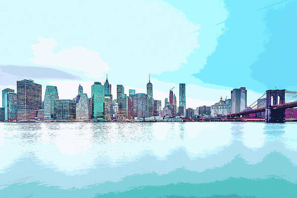 New York Art Print featuring the digital art Skyline of New York City, United States in Blues by Anthony Murphy