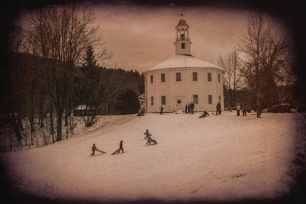 #jefffolger Art Print featuring the photograph Sledding at the Vermont round church by Jeff Folger
