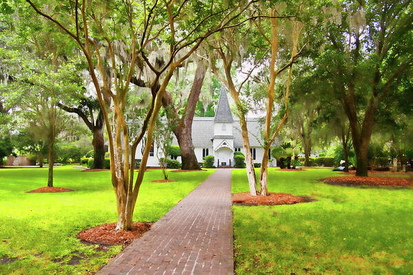 American Art Print featuring the photograph Small Church Down Brick Path Under Southern Trees by Darryl Brooks