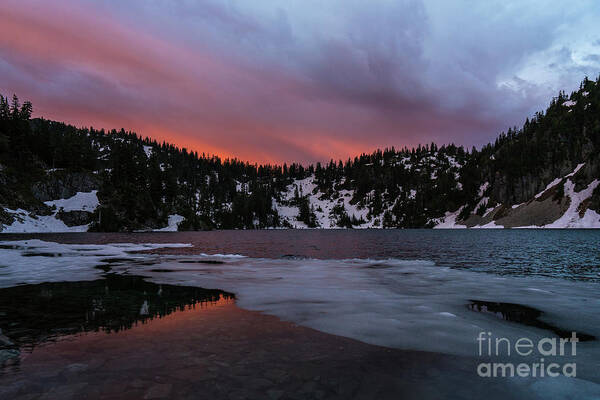 Snow Lake Art Print featuring the photograph Snow Lake Icy Sunrise Fire by Mike Reid
