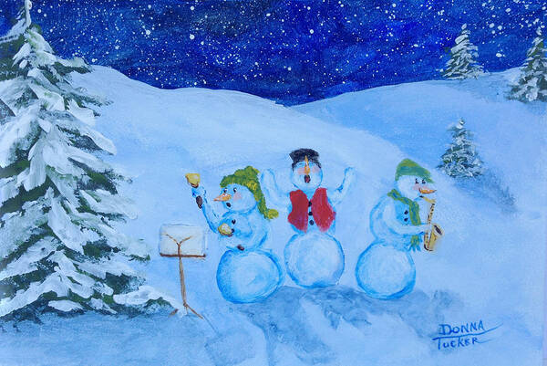 Christmas Art Print featuring the painting Snowie Musicians by Donna Tucker