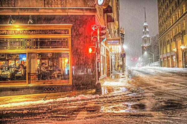 Boston Art Print featuring the photograph Snowstorm on Tremont Street Boston MA Park Street Church by Toby McGuire