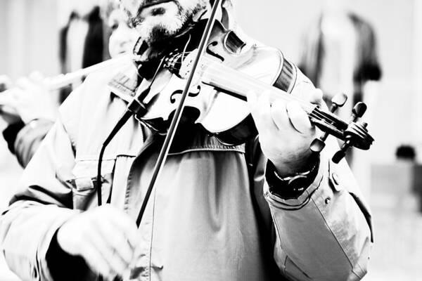 Playing; Man; Violin; Instrument; Musical; Music; Classical; Harmony; Melody; Antique; Symphony; Play; Instrumental; Performance; Musician; Art; Artistic; Violinist; Performing; Black; White; Person; Black And White; Bw; Photograph Art Print featuring the photograph Sounds of a stranger by Gabriela Insuratelu