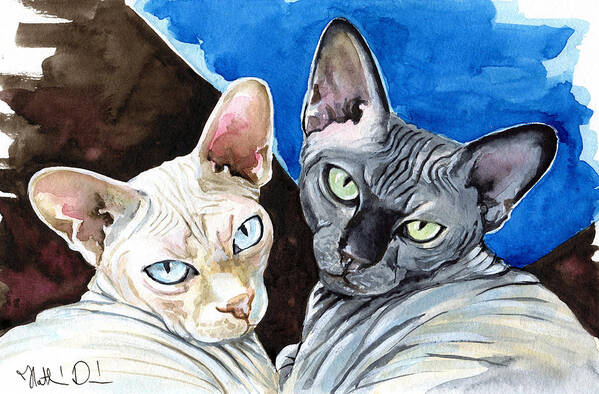 Cats Art Print featuring the painting Sphynx Love - Cat Painting by Dora Hathazi Mendes