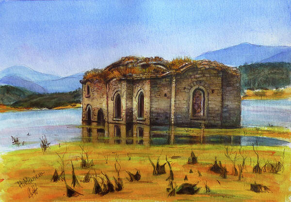 Architecture Art Print featuring the painting St. Ivan Rilski Church, Zhrebchevo Dam, Bulgaria by Henrieta Maneva