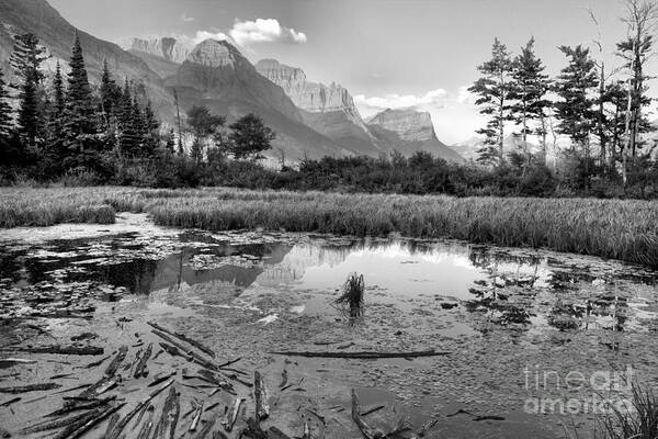 St Mary Lake Art Print featuring the photograph St Mary Peaks Hazy Reflections Black And White by Adam Jewell