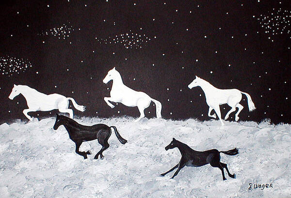 Horses Art Print featuring the painting Stallions Of The Night by Sandy Wager