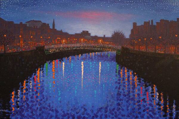 Dublin Art Print featuring the painting Starry Nights In Dublin Ha' Penny Bridge by John Nolan