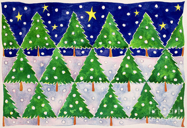 Christmas Tree; Trees; Winter; Snowing Art Print featuring the painting Stars and Snow by Cathy Baxter