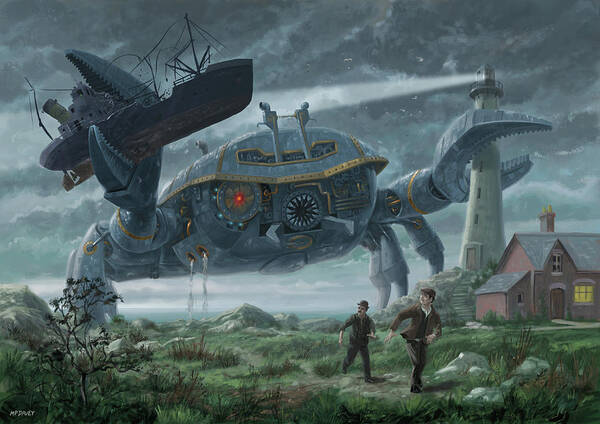 Crab Art Print featuring the digital art Steampunk Giant Crab attacks Lighthouse by Martin Davey