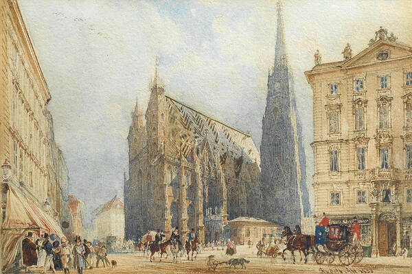 19th Century Art Art Print featuring the painting Stephansplatz in Vienna with the Cathedral by Rudolf von Alt
