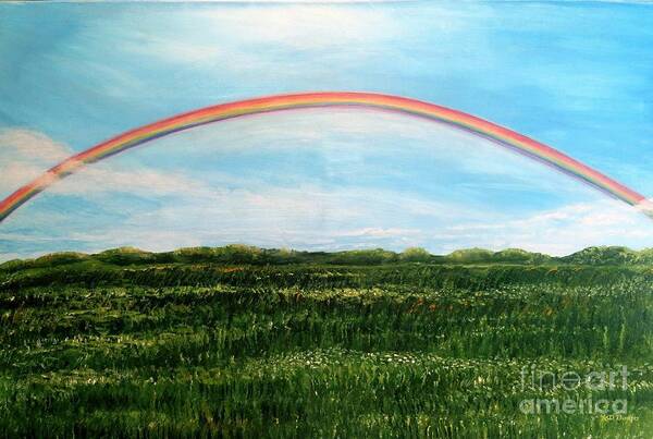 Full Primary Rainbow With Light Wispy Floating Clouds Bright Light Filtering In Soft Blue Sky Background Symbolic Form Of After Death Communication Angel Or God Message Of Promise Row Upon Row Of Tall Grasses And White And Yellow Wild Flowers Gentle Rolling Hills With Golden Green Trees In Background Of Field Nature Scene Paintings Rainbow Acrylic Paintings Art Print featuring the painting Still Searching for Somewhere Over the Rainbow? by Kimberlee Baxter
