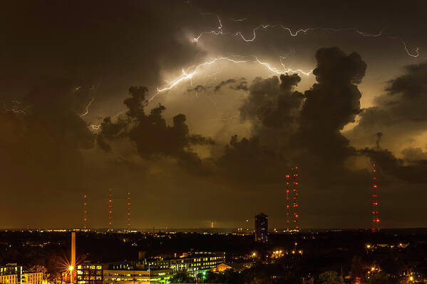 Lightening Art Print featuring the photograph Storm over Milwaukee #1 by John Roach