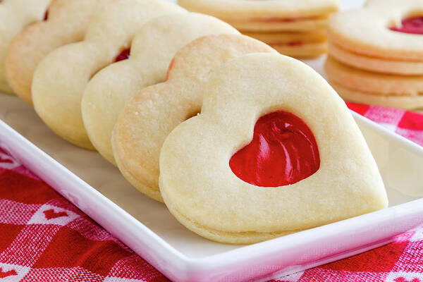 Valentines Day Art Print featuring the photograph Strawberry Jam Filled Heart Cookies by Teri Virbickis
