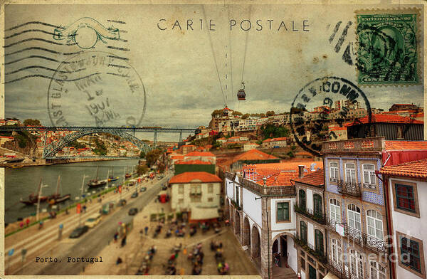 Postcard Art Print featuring the digital art stylish retro postcard of Porto by Ariadna De Raadt