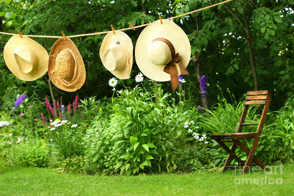 Breeze Art Print featuring the digital art Summer straw hats hanging on clothesline by Sandra Cunningham