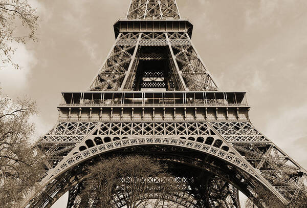 Travelpixpro Art Print featuring the photograph Sunlit Eiffel Tower First and Second Floors Paris France Sepia by Shawn O'Brien