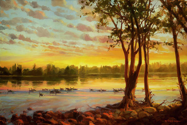 Landscape Art Print featuring the painting Sunrise on the Columbia by Steve Henderson