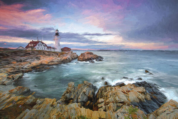 Maine Art Print featuring the digital art sunset lighthouse III by Jon Glaser