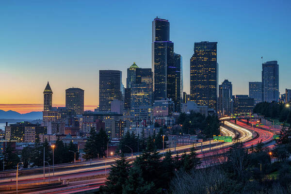 City Art Print featuring the photograph Sunset Night-Freeway Lights by Ken Stanback