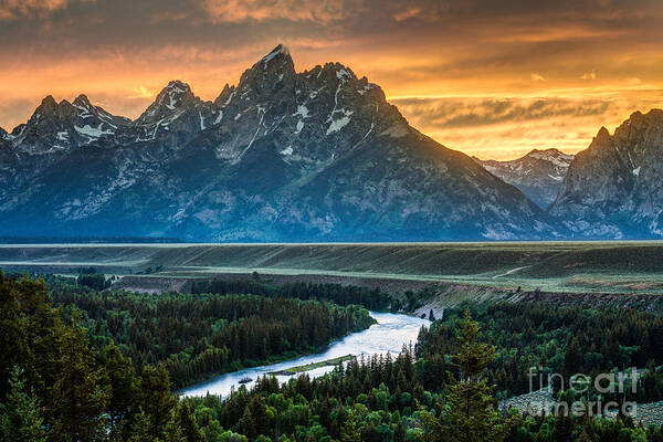 Sunset Art Print featuring the photograph Sunset on Grand Teton and Snake River by Gary Whitton