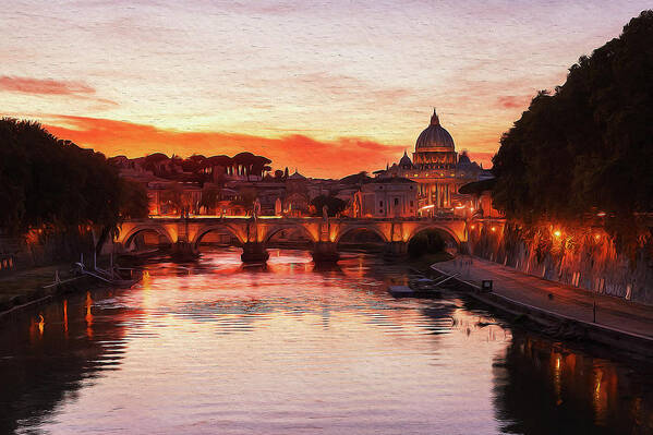 Rome Ancient Monument Art Print featuring the painting Sunset over the St Peter Basilica by AM FineArtPrints