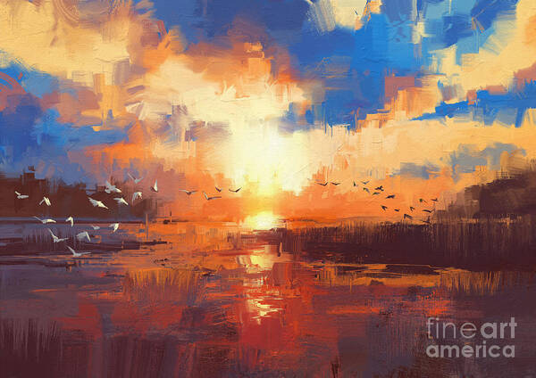 Art Art Print featuring the painting Sunset by Tithi Luadthong