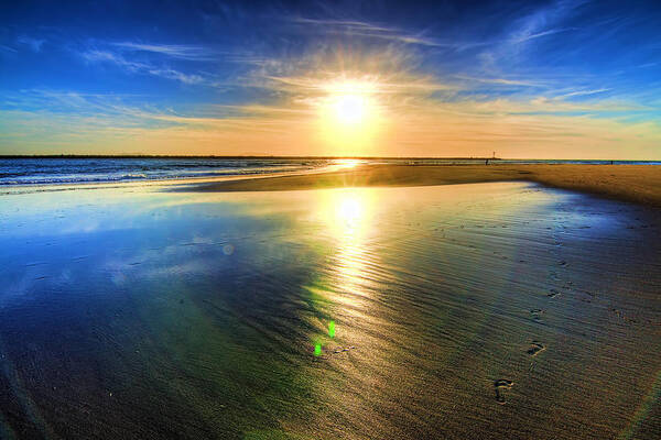 Sand Sea Beach Sun Footprints Sky Art Print featuring the photograph Sunset by Wendell Ward