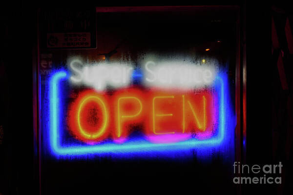 Neon Art Print featuring the photograph Super Service - Open Neon by Dean Harte