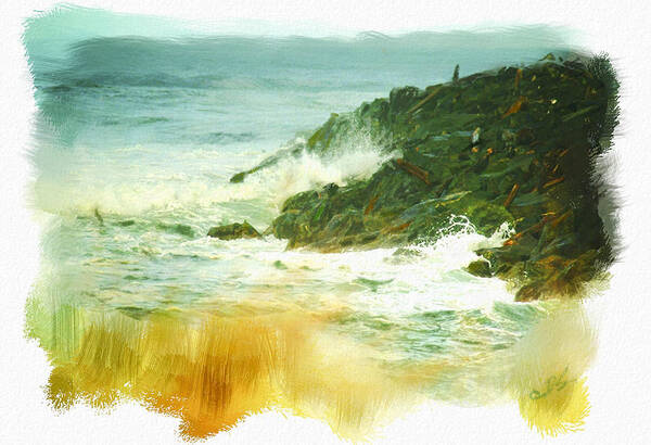 Ocean Art Print featuring the digital art Surf on the Rocks by Dale Stillman