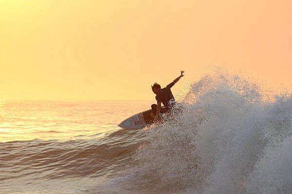 Surf Art Print featuring the photograph Surfing In Golden Sky by Robert Banach